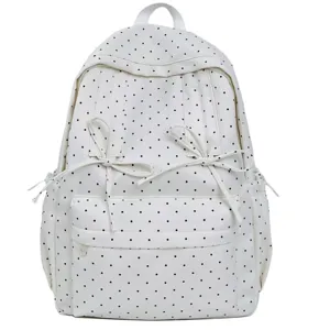 White polka dot backpack for school students, Japanese style cute large capacity casual bookbag.