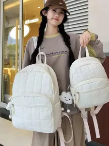 Korean INS Style White Quilted Backpack Large Capacity Casual School Bag for Women