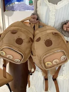 Zaino di capibara in peluche con tasca frontale trasparente, zaino animale marrone morbido.