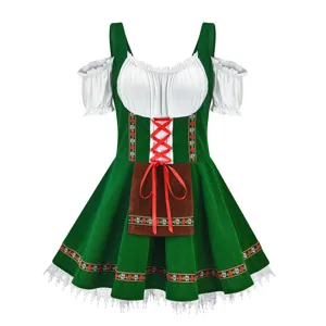 Traditional German Bavarian Oktoberfest dirndl dress costume with white blouse and apron for women.