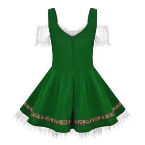 Green German Oktoberfest traditional dirndl dress detail with white sleeves and lace trim.