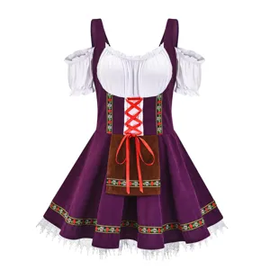 German Oktoberfest dirndl dress detail, traditional Bavarian maid costume with purple skirt and apron.