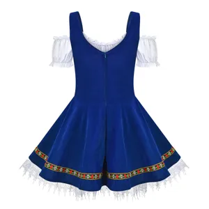 Bavarian Oktoberfest traditional dirndl dress detail view with blue and white colors.