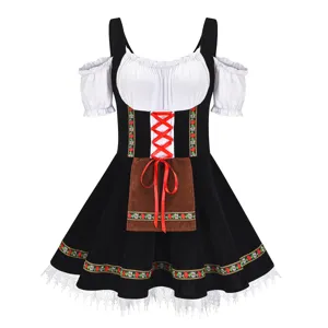 Detailed view of traditional German Oktoberfest dirndl dress with floral ribbon and apron.