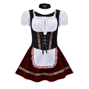 Bavarian dirndl costume detail showcasing traditional lace trim, white puff sleeves, and velvet bodice.