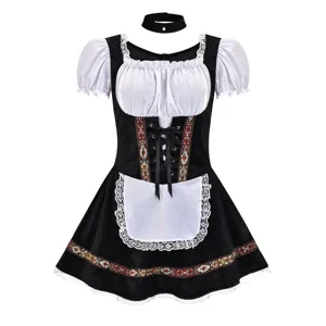 Detailed view of traditional German Oktoberfest beer maid costume dress with black and white design.