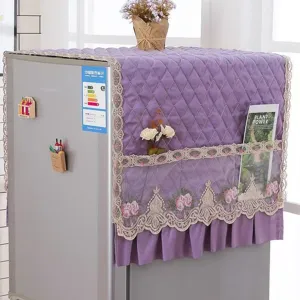 Housse anti-poussière pour réfrigérateur en velours pêche avec bordure en dentelle