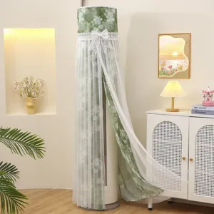 Housse anti-poussière pour climatiseur vertical rond à motif floral et rideaux en dentelle.