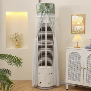 Housse anti-poussière de climatiseur vertical en tissu floral vert avec rideau en dentelle