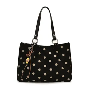 Women Black Polka Dot Suede Tote Bag Retro Casual Large Capacity Shoulder Bag Autumn