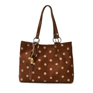 Brown suede polka dot tote bag for women vintage commuter shoulder bag large capacity