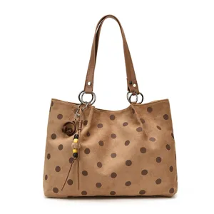Brown Suede Polka Dot Tote Bag Vintage Large Capacity Casual Shoulder Bag for Women