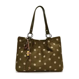 Green suede polka dot tote bag stylish retro shoulder bag for women daily commute