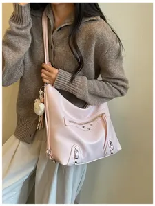 Stylish pink shoulder crossbody bag with metal studs and zippers for women daily use 85