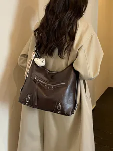 Women vintage brown leather shoulder backpack multi-use large capacity casual travel bag