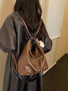 Women's vintage brown multi-function leather backpack large capacity shoulder bag daily commute
