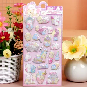 Cute 3D puffy foam stickers set for kids, sweet cartoon animal designs with glitter details.