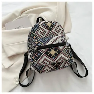 Mini Rucksack im Ethno-Stil mit geometrischem Muster, Fronttasche, lässige Damen-Schultasche.
