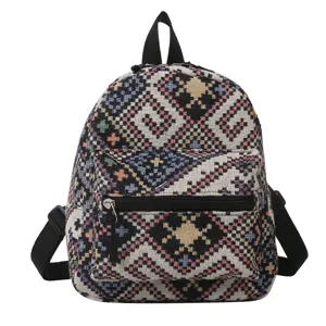 Ethischer gewebter Mini-Rucksack für Damen, lässiger geometrischer Muster-Tagesrucksack.
