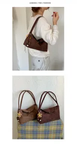 Retro brown suede shoulder bag for women, large capacity casual tote bag with cute charm