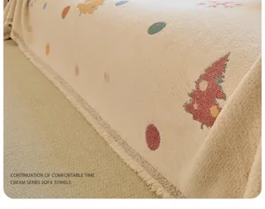 Cartoon semi-velvet sofa cover blanket, cream color with colorful polka dots, detail shot.