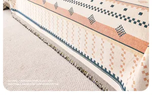 Nordic style woven sofa blanket detail, geometric pattern throw blanket with fringe edge.