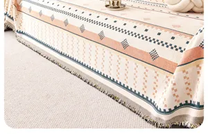 Nordic boho woven sofa blanket detail, cozy fringe couch cover throw for living room decor.