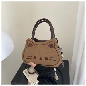 Brown cat shaped crossbody shoulder bag, cute sweet college style daily autumn handbag detail