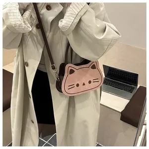 Cute cat shoulder bag for women, minimalist college style PU leather crossbody bag, autumn daily.