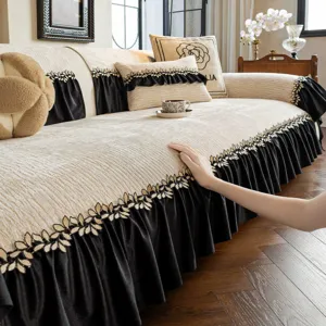 Französischer Vintage Chenille Sofaüberwurf Rüschen Blatt Bestickt Rutschfest Sofamatte Für Wohnzimmer Möbelschutz Deko