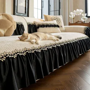 Chenille Sofabezug Französisch Retro Rüschen Sofaschoner Schwarz Gold Blatt Stickerei Matte