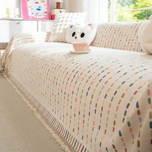 Jeté de Canapé en Chenille Anti-Griffe Protecteur de Meubles pour Salon Style Crème Dopamine Motif Arc-en-Ciel Couverture de Canapé Avec Glands Quatre Saisons Universel