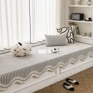 Tapis de Fenêtre en Saillie en Chenille à Carreaux Avec Bord à Volants Quatre Saisons Universel Antidérapant Coussin de Canapé