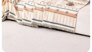 Nordic style woven sofa blanket with geometric pattern and fringe details, cozy home decor.