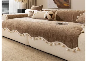 Housse de canape epais en chenille avec franges pompon housse de coussin antiderapant