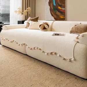 Housse de Canapé en Chenille Épaissie Coussin de Canapé Antidérapant Style Boule de Baie Moka Bord Ondulé pour Salon