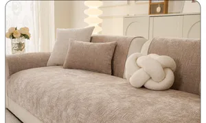 Chenille sofa cover detail, Nordic style anti-slip cushion, cream tone, living room decor.