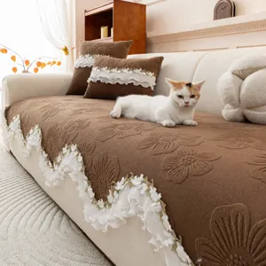 Moderne Luxe Chenille Bankhoes Antislip Bloemen Bedrukt Bankkussen Met Kantrand Kat Krabben Proof Meubelbeschermer