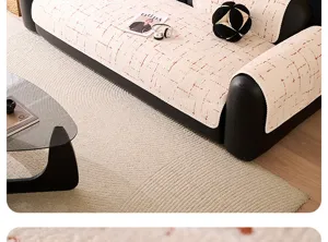 Housse de canapé en velours beige avec motif à carreaux rouges, douce et antidérapante.