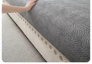 Detailed view of grey chenille sofa cushion cover featuring elegant lace trim texture.