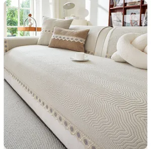 Chenille sofa cover beige wave pattern with lace trim living room universal slipcover