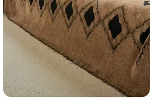 Close-up detail of luxury retro fuzzy yarn sofa cover featuring textured diamond pattern and fringe.
