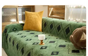 Detailed view of retro green thickened fluffy yarn sofa cover blanket with cozy textured surface.