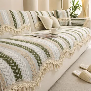Coussin de Canapé en Chenille Vintage Français Housse Antidérapante Motif Feuille Bord à Pompons Tapis de Protection Universel
