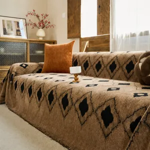 Cozy thick fuzzy yarn sofa cover retro diamond pattern anti-scratch sofa towel for living room