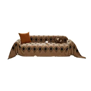 Retro diamond pattern fuzzy yarn thickened sofa cover blanket for autumn winter living room decor