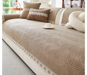 Chenille sofa cover with lace ruffle and wave pattern, anti-slip decorative cushion pad.