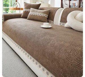 Chenille sofa cover brown wavy pattern with delicate white lace trim four seasons universal
