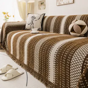French Style Chenille Sofa Towel Geometric Texture Throw Blanket With Tassel Fringe One-Piece All Season Sofa Cover Decorative Household Furniture Protector