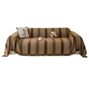 Chenille sofa cover blanket one-piece universal couch cover towel with fringe brown striped design
